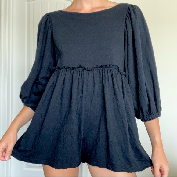 Free People Pants - Free People Black Puff Sleeve Romper